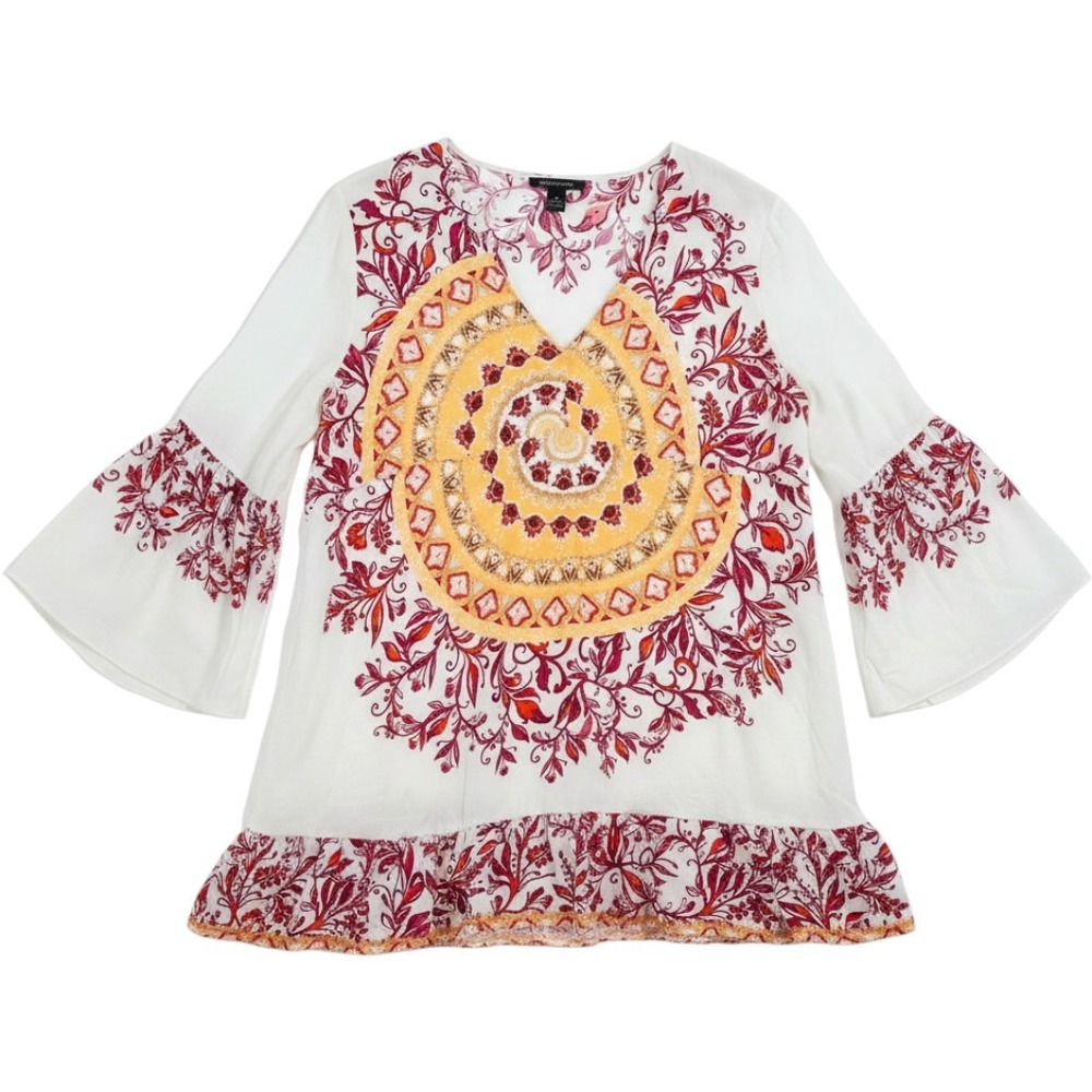 Robert‎ Louis Boho Bell Sleeve Floral Tunic Top White Red Large
